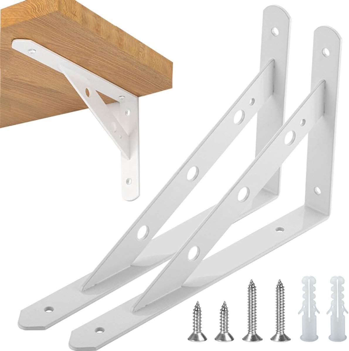 SnelShoppen - Stevige Hoekplanken Metalen Plankdragers 8" & 12" 2-Pack Wit 300mm x 188mm x 25mm Voor Muurmontage Keuken, Tuin, Garage