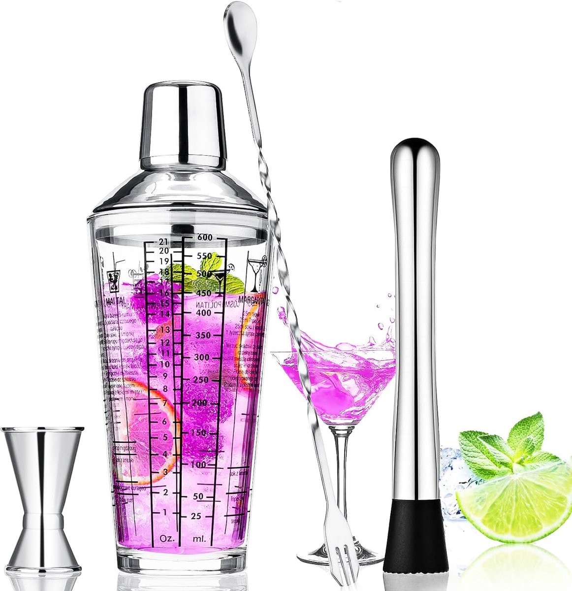 SnelShoppen - Cocktail Shaker Set 4-delig, Glazen en RVS, Silver, 400 ml, Inclusief Shake Cup, Maatbeker, Perspopsicle, Lepel voor Feesten en Thuisgeb