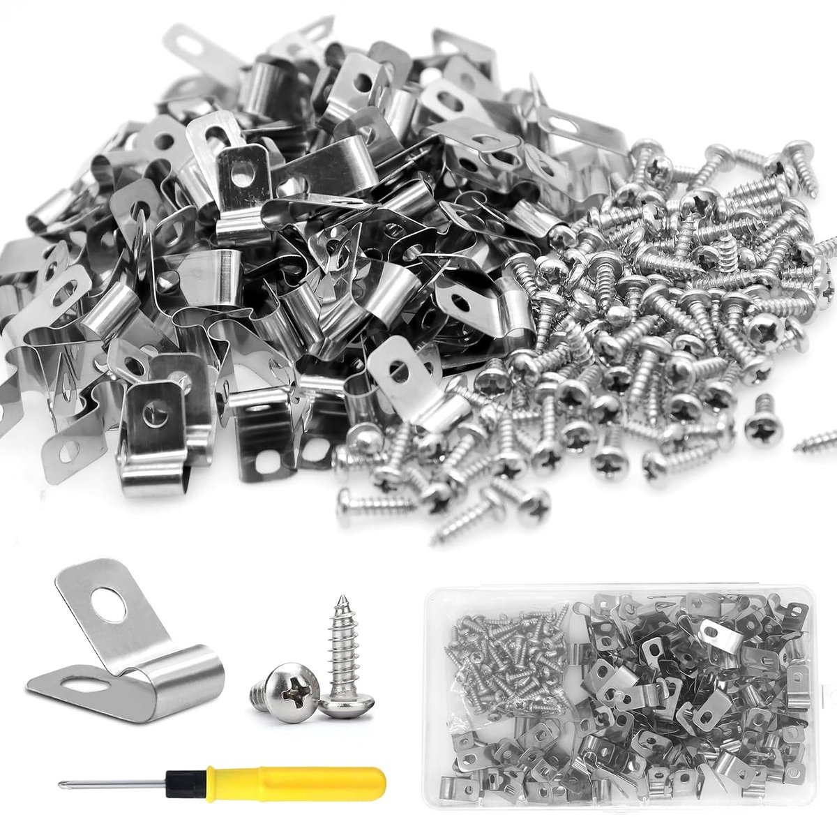 SnelShoppen - Pack van 100 Kabelclips, 5 mm R Kabelclips, Schroefbare Kabelhouder, Kabelklem van 304 RVS, Inclusief Schroeven, Schroevendraaier en Box