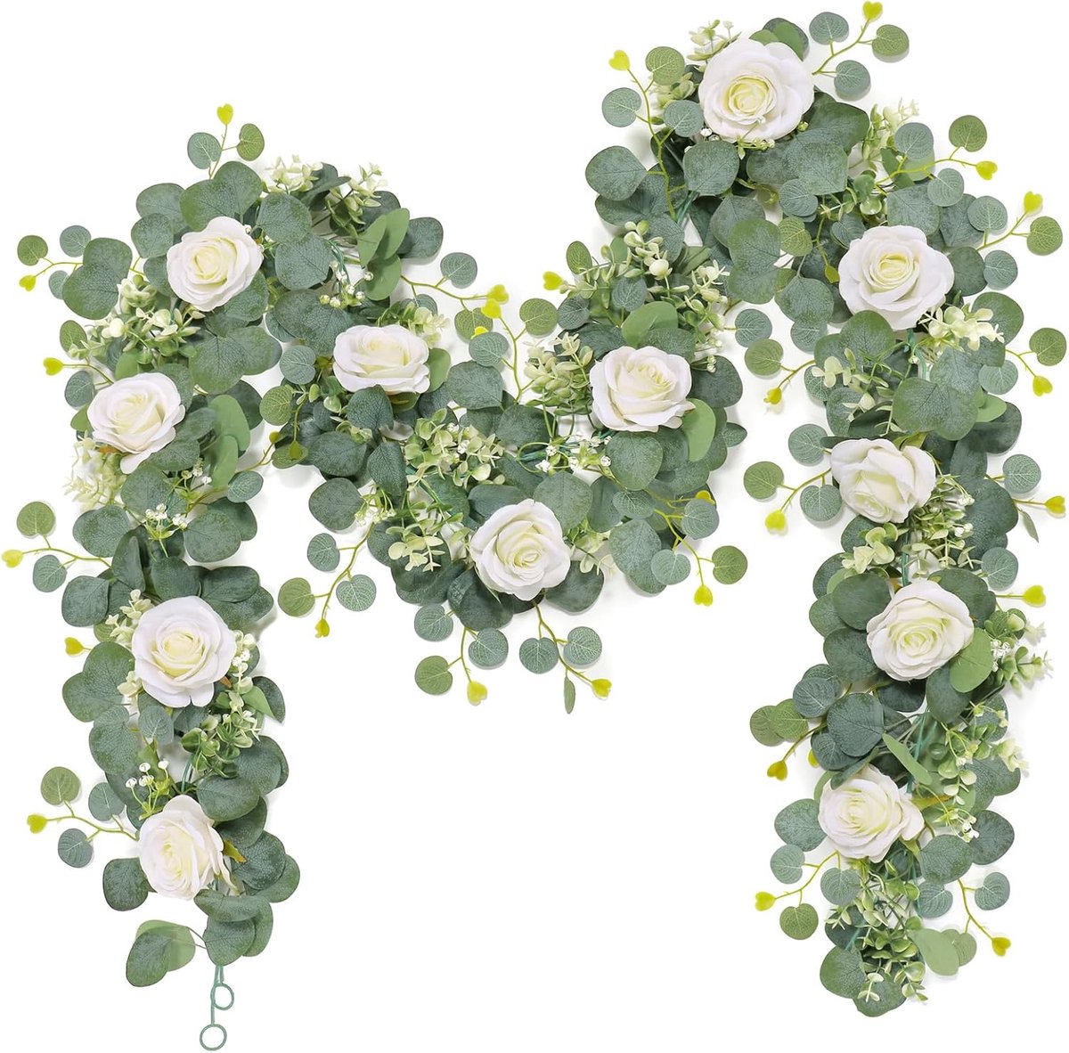 SnelShoppen - 2PCS/180cm Eucalyptus Bloemengirlande met Witte Rozen en Gypsophila - Kunstplant, Faux Ivy, Groene Decoratie voor Bruiloft, Thuis, Tuin,
