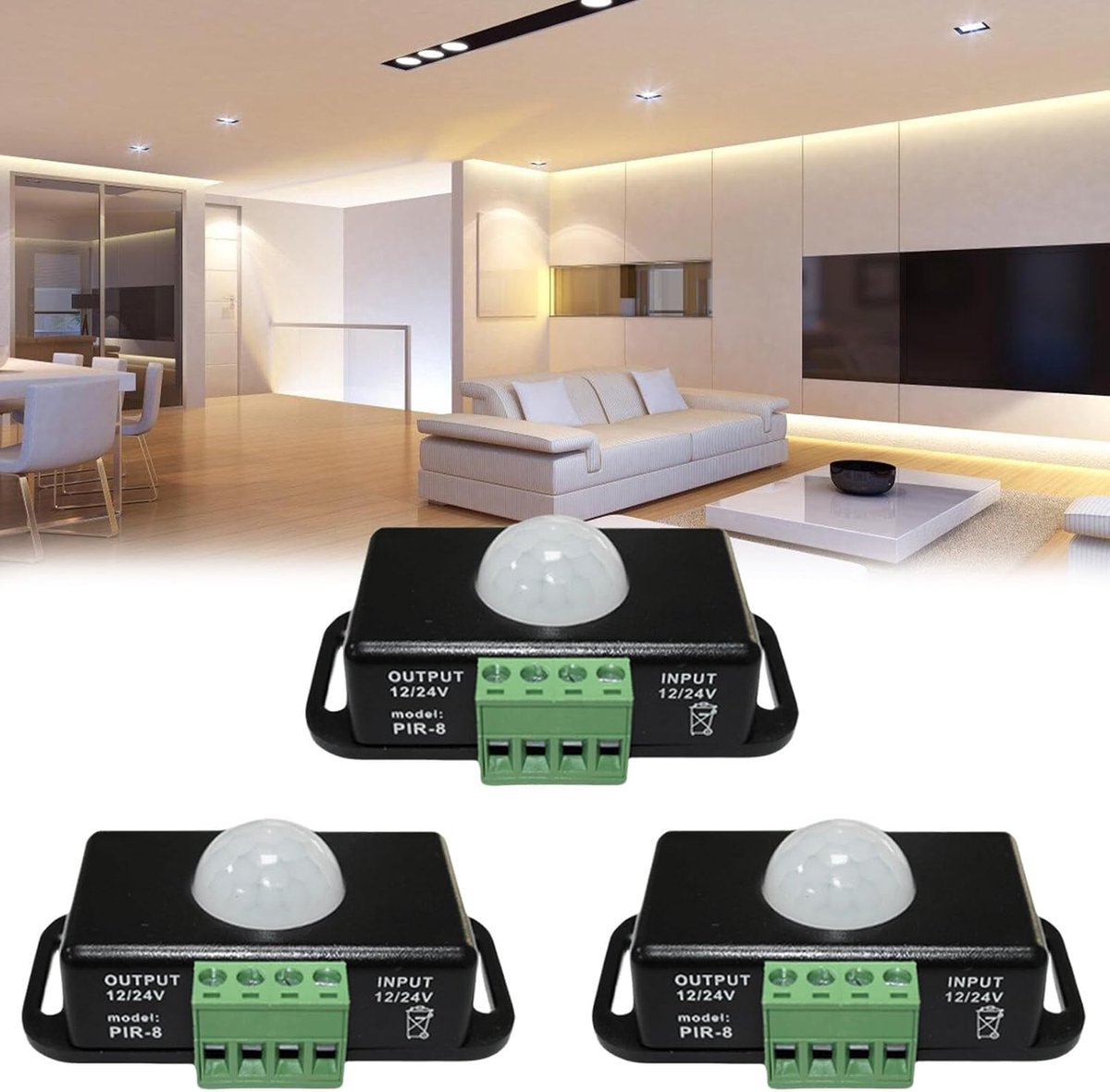 SnelShoppen - 3 Stuks LED Bewegingssensor: DC 12V 24V Zwarte Bewegingsdetector, Mini Infrarood PIR Sensor, Draadloze IR Beweging Meter voor LED Strip