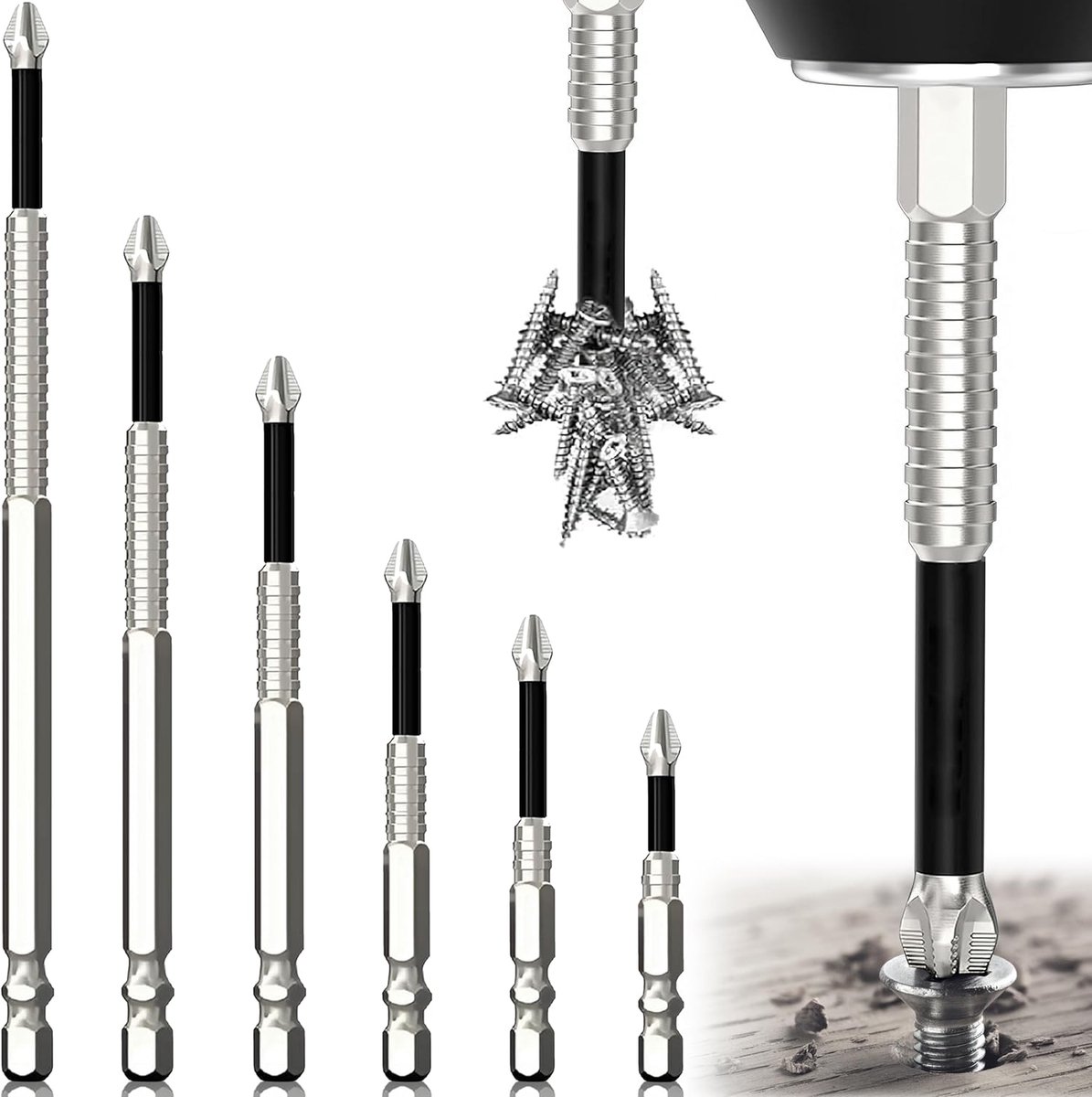 6 Stuks Krachtige Magnetische Schroevendraaierbitset, Kruiskopschroevendraaier Bitset, Slagvaste Slipvaste Bits, Anti slip bits, 1,96/2,55/2,95/3,9/4,72/5,9 Inch, Voor Hamerboren Handboren Enz