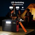 Zwarte draagbare powerstation met oranje lus, met LED-verlichting aan, bij een kampvuur met mensen.