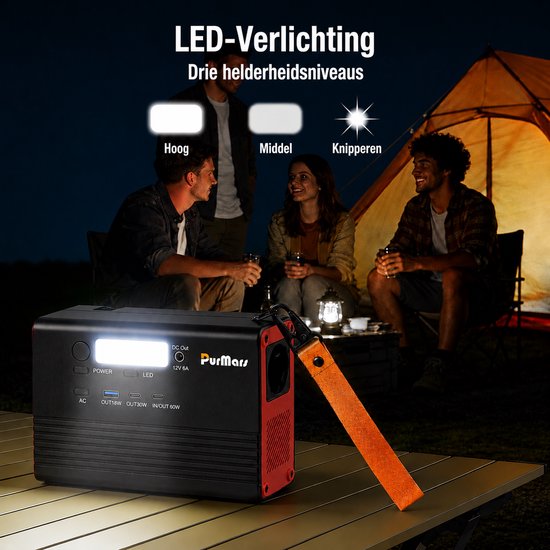 Zwarte draagbare powerstation met oranje lus, met LED-verlichting aan, bij een kampvuur met mensen.