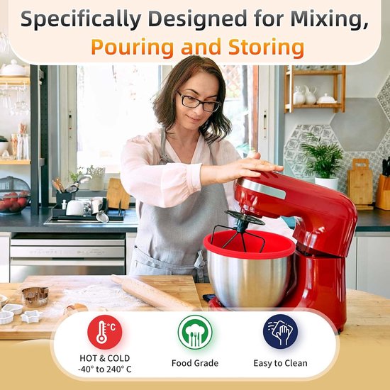 Keukenmachine Inzetstuk - Mixer Kom Accessoire - Bakken en Koken - Verdikte Flexibele Wand - 4.8L Kom - Rood — afbeelding 3