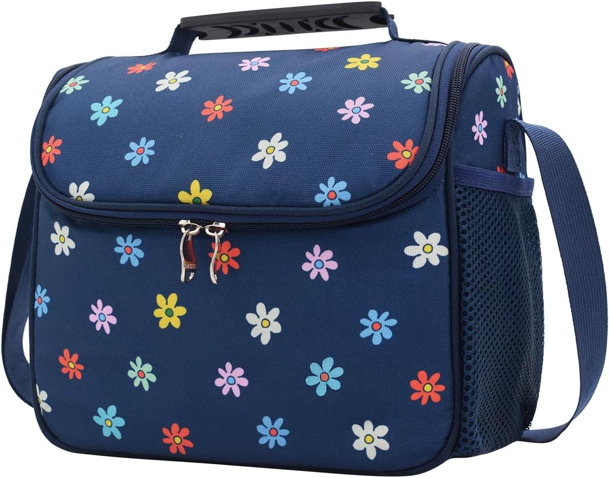 Geïsoleerde koeltas 8 l - marineblauw bloem - opvouwbaar - ideaal voor werk en school - ShopVlot