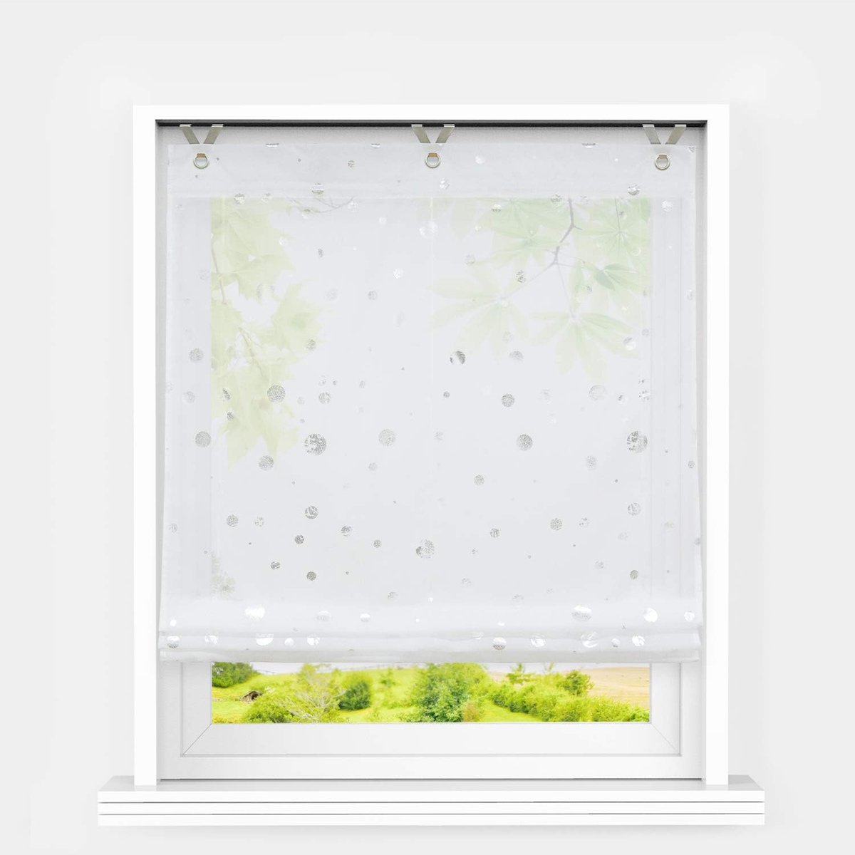 Roman schaduw met oogjes Voile Modern Raffgardine zonder boren Kleine ramen gordijn Keuken Glanzende Cirkels Decoratief patroon Wit BxH 80x130 cm