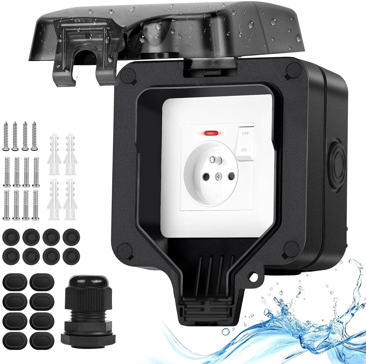 diepe IP66 waterdichte buitenuitgang, uitstekende waterafvoer met lampschakelaar, afsluitbare outdoor elektrische stroom tuinuitlaat, wandbox, individueel zwart