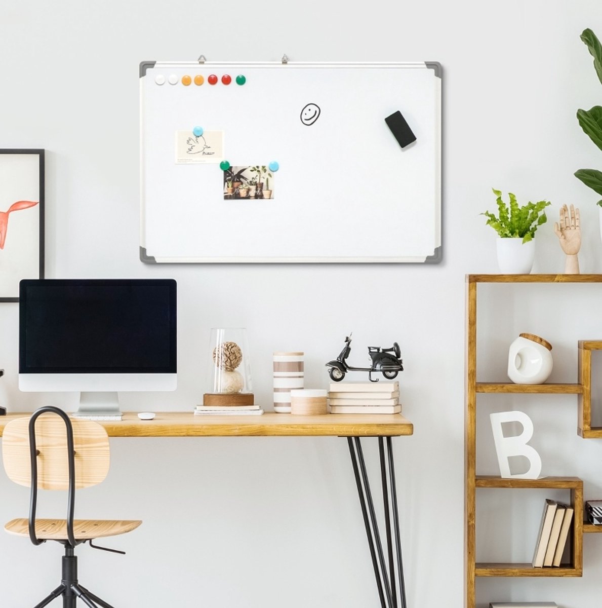 COVREO Whiteboard 90 x 60 cm wit, aluminium frame, inclusief accessoires
