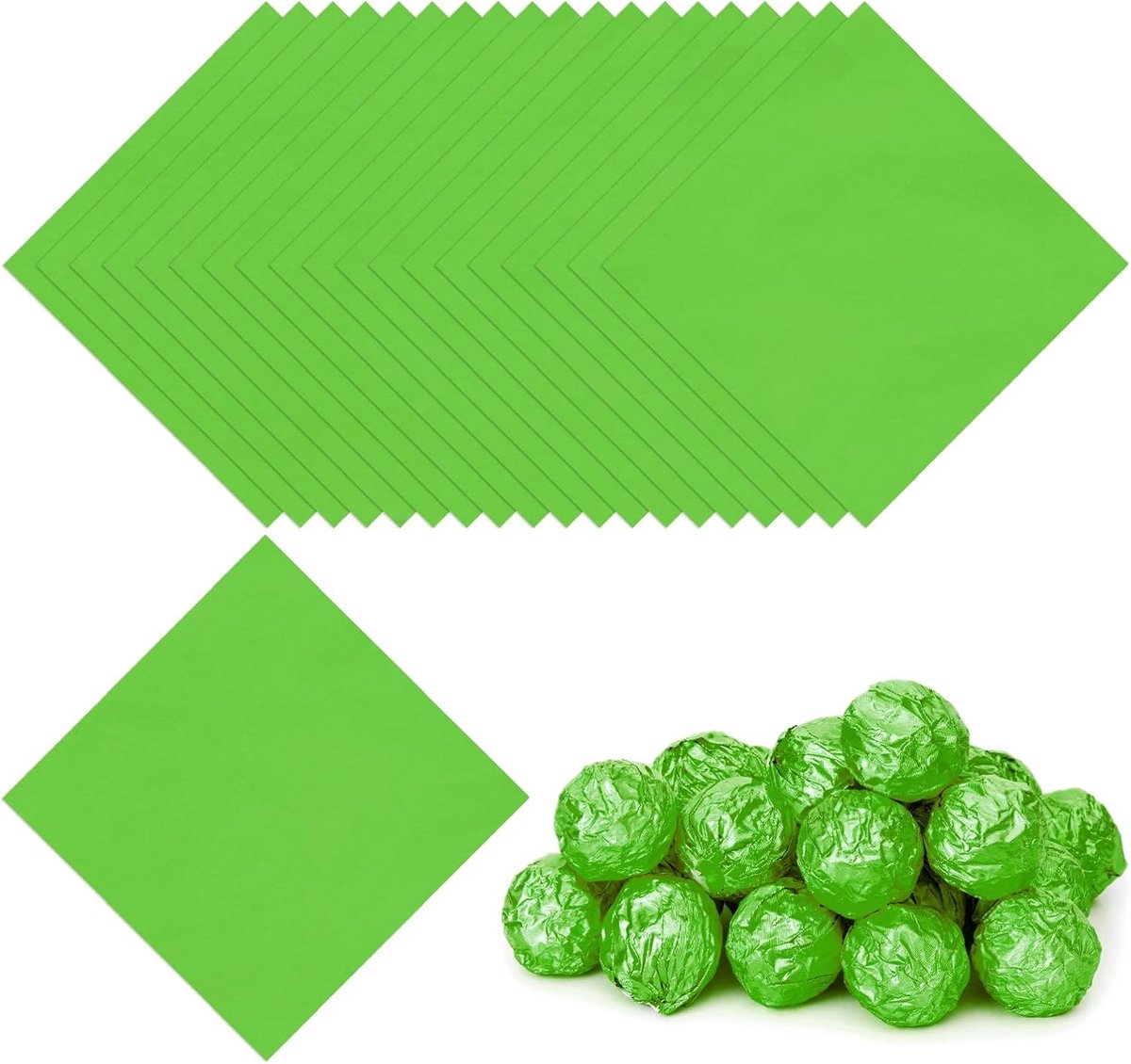 Folie Snoepwikkels 15,5 x 15,5 cm, 100 stuks vierkant, glanzend aluminiumfolie, snoep inpakpapier voor doe-het-zelf chocoladesuikergoed, verpakking decoratie, groen