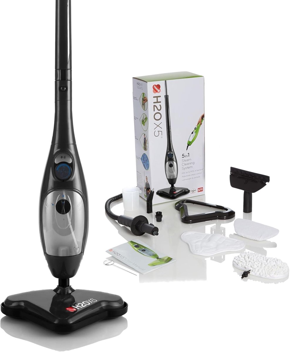 SnelShoppen - H2O X5+ 5-in-1 Stoommop & Handstoomreiniger - Vloeren, Tapijt, Ramen, Meubels - 1500W, Opwarmtijd 15 sec, Zonder Chemicaliën, Zwart
