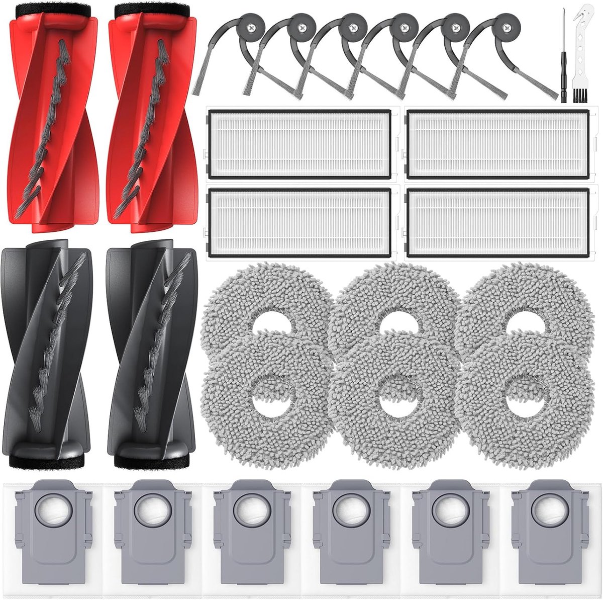 26 stuks accessoires voor Roborock Qrevo Curv/Qrevo Curv S5X/Qrevo/Qrevo Edge S5V robotstofzuiger, 2 hoofdborstel, 6 stofzakken, 6 dweilpads, 4 filters, 6 zijborstels, 1 reinigingsaccessoires, 1