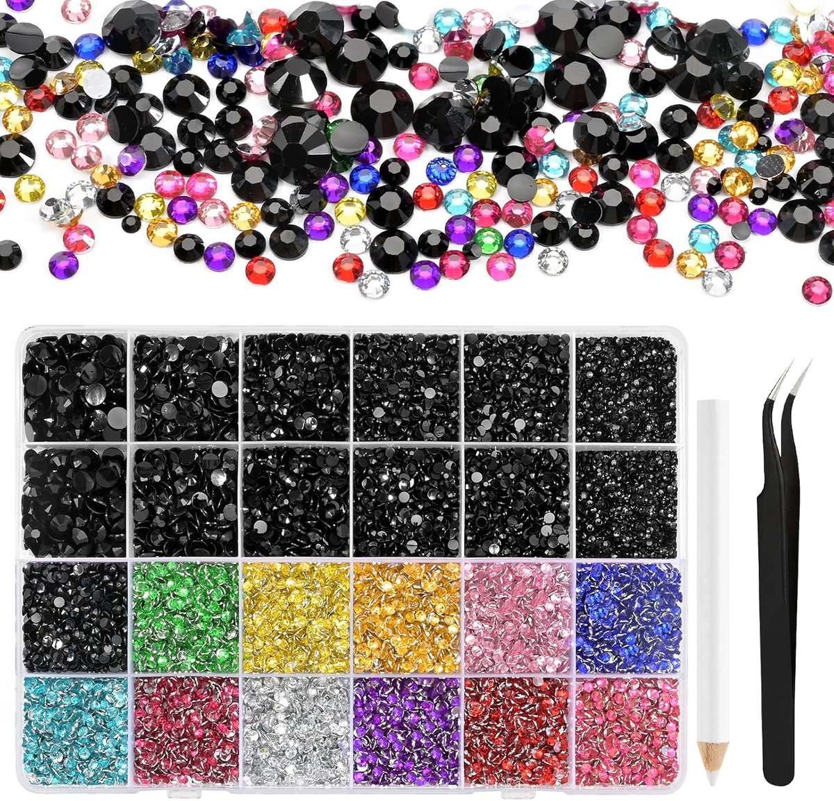 Strassteentjes van kunsthars, 2-6 mm, meerkleurig, zwart, platte ronde jelly-strassteentjes, geschikt voor nailart, gezichtsbeschildering, kostuums en andere doe-het-zelf-creaties (met pincet