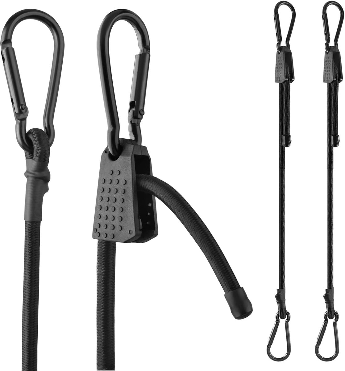 Elastische bevestigingskoorden met karabijnhaak, 1 m, 2 m, verstelbaar touw met haak voor motorfiets, fiets (zwart - 2 stuks, 1 m)