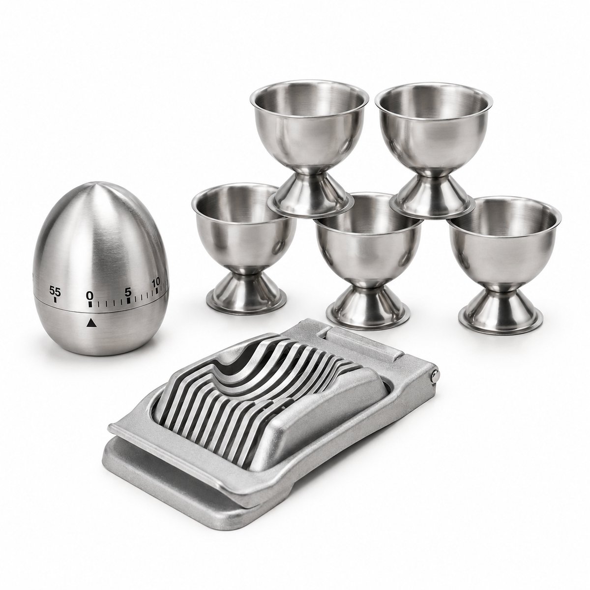 My Green Deal - RVS Eierset – 5 Eierdopjes, Eierwekker en Eiersnijder – Complete Ontbijtset – Zilver