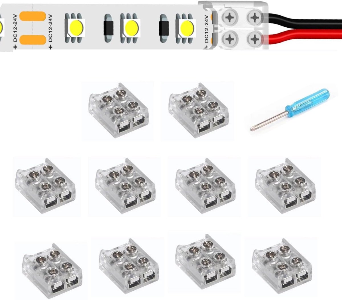 Ledstrip naar draadconnector, 2-polig, 10 mm, soldeervrij voor 5050 3528 COB SMD ledstrips, transparant design, inclusief schroevendraaier, verpakking van 10 stuks
