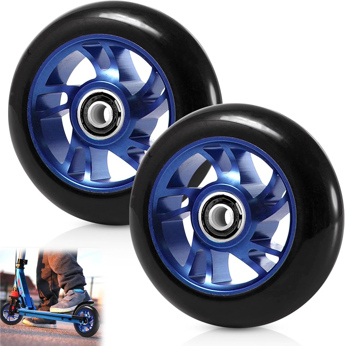 2 stuks, 100 mm, stepbanden, reservewielen 88A met ABEC-9 lagers, aluminiumlegering, velgen, e-step, accessoires, compatibel met de meeste stuntscooters (blauw)