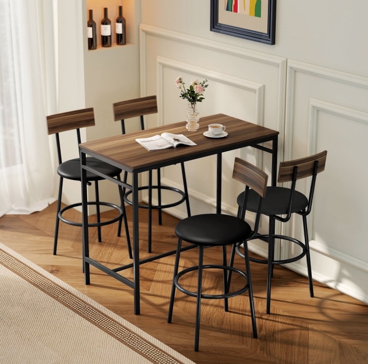 COVREO Bartisch-set met 4 barkrukken, 110 x 55 x 90 cm, bruin, hout, metaal, compact