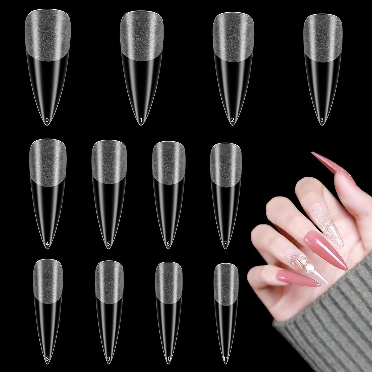 120 stuks stiletto nageltips, nep nageltips, volledige afdekking acryldruk op nagels, Franse nagelverlenging met doos voor doe-het-zelf manicure, nageldecoratie (12 maten, halfmat)