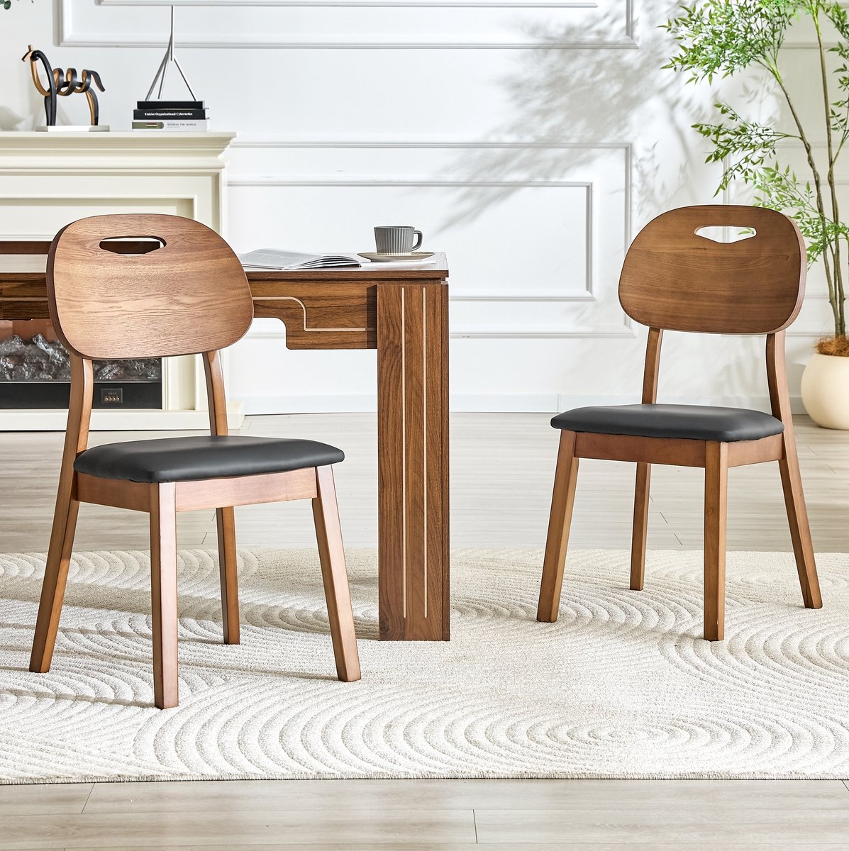 MIVRAY Eetkamerstoel Set Van 2 - Ovale Rugleuning - Hout En PU - Zwart