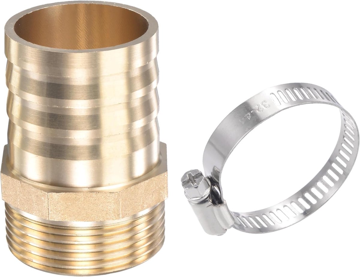 Verpakking van 1 stuk Messing Slang Barb Bevestiging Rechte Slang Schroefverbinding met RVS Slangklem 38mm x G1-1/4 Mannelijk Draad