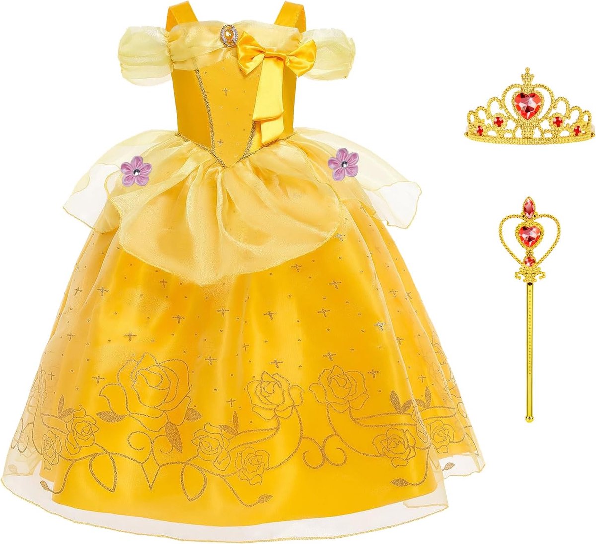 prinsessenjurk voor meisjes, met kroon en toverstaf, kostuum Belle en het Beest, kinderen, prinsessenkostuum voor verjaardag, feest, carnaval