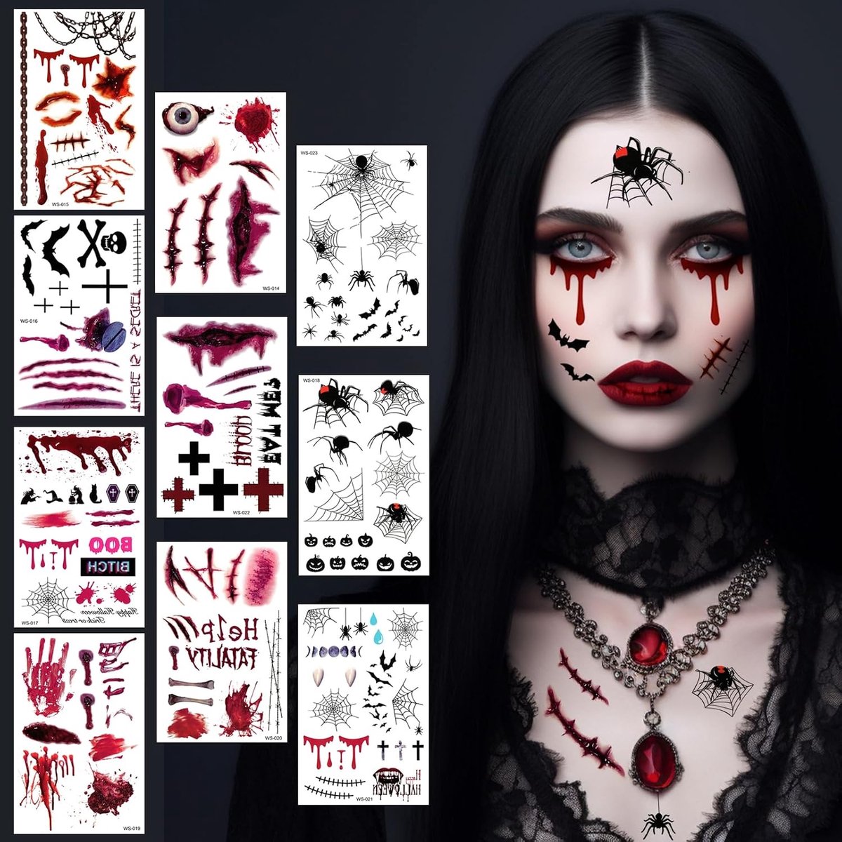 tattoo, 10 vellen Halloween carnavalskostuum dames heren gezichtsstickers, zombie vampier heksen horror littekens wonden griezelige gezichtstattoo, volwassenen kinderen carnaval make-up