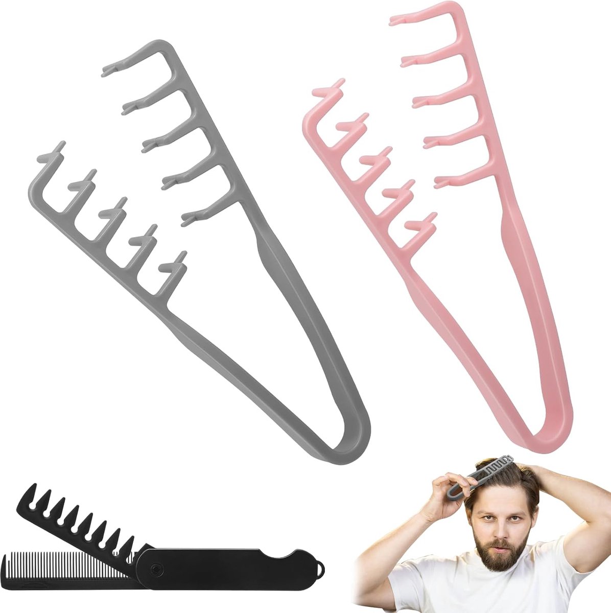 styling volume kam, textuurkam brede tandkam voor krullend haar, brede tandkam voor volume en verzorging, ontwarringskam met brede tanden (2 stuks + dubbeltand-klapkam)