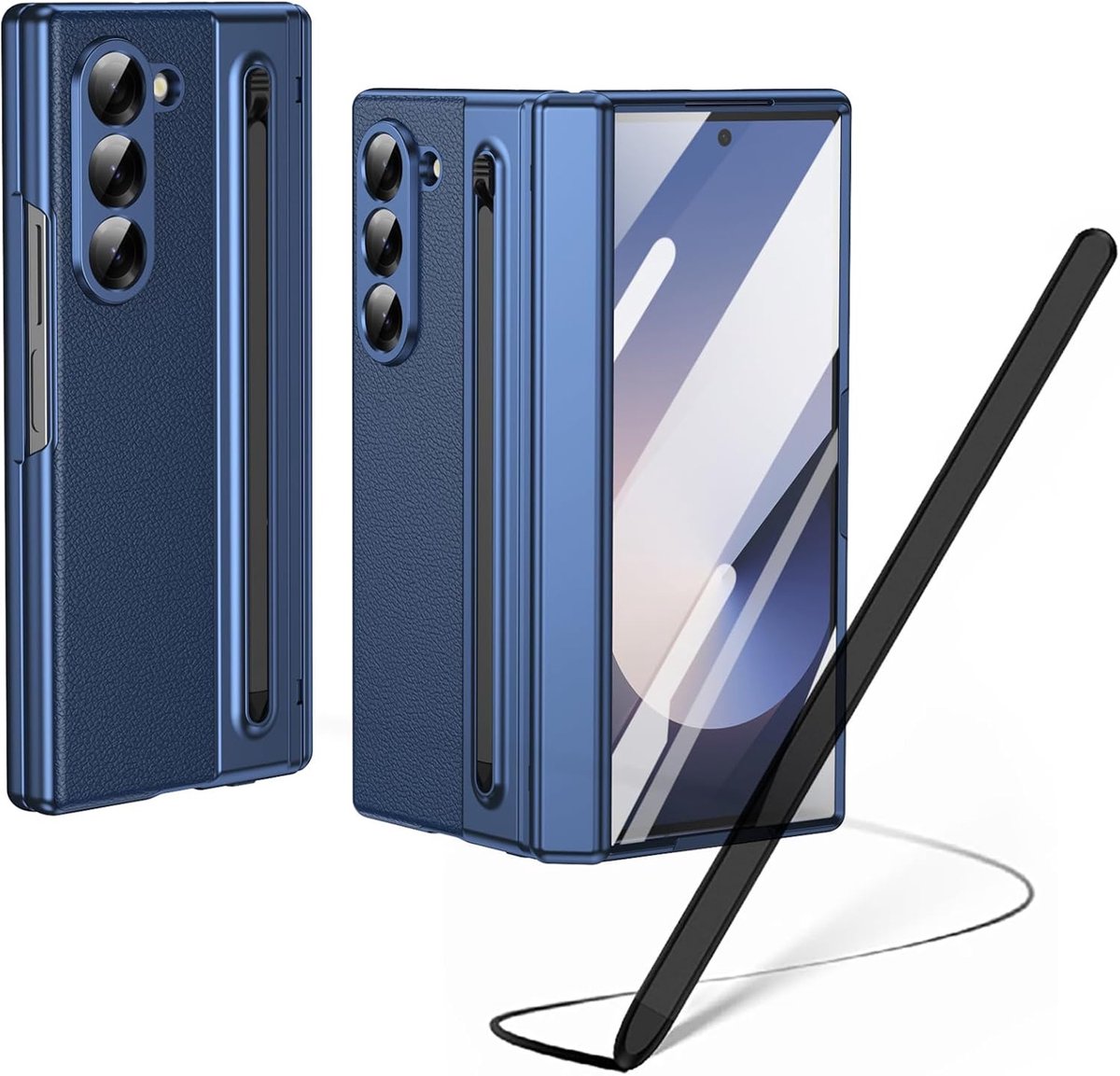 Hoesje voor Galaxy Z Fold6 met styluspen, Z Fold 6 hoesje met schermbeschermer aan de voorkant + S Pen-sleuf, lederen hoesje voor Samsung Galaxy Z Fold6 met scharnierbescherming, blauw