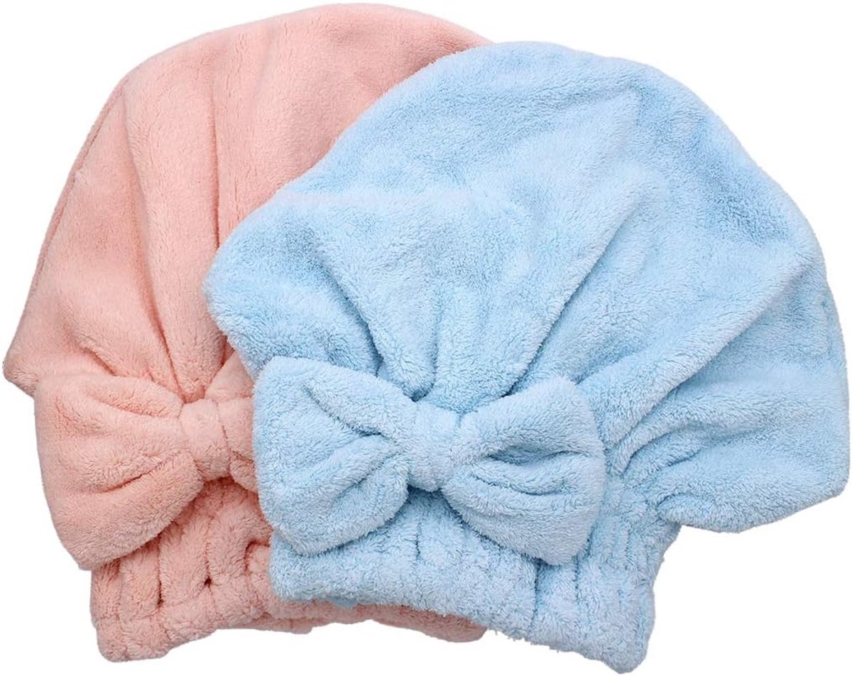 2 stuks haardroogkap microvezel, ultra absorberende badmuts, snel drogende haartulband wikkelhanddoeken, zachte douchemuts voor lang dik haar, vrouwen meisjes (roze en blauw)