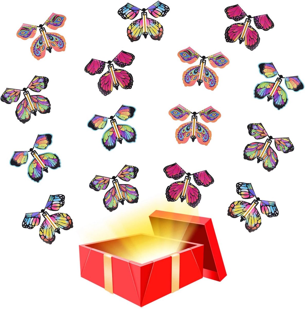 Magisch vlinderspeelgoed, 15 stuks, vliegende vlinderkaart, verrassingscadeau voor verjaardag of bruiloft, opwindbaar (willekeurige kleur)