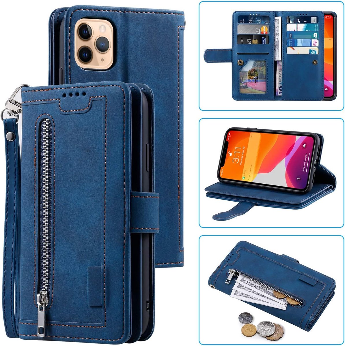 Hoesje voor iPhone 13 Pro, vintage, ritssluiting, mobiele telefoonhoesje, PU-leren telefoonhoesje, siliconen bumper, met 9 kaartvakken, standaardfunctie, portemonnee, draagband, beschermhoesje, fliphoesje, blauw