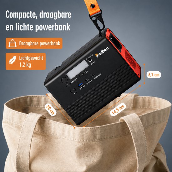 Zwarte draagbare powerstation met oranje lus, 1,2 kg, 20x14,5x6,7 cm, in beige tas.
