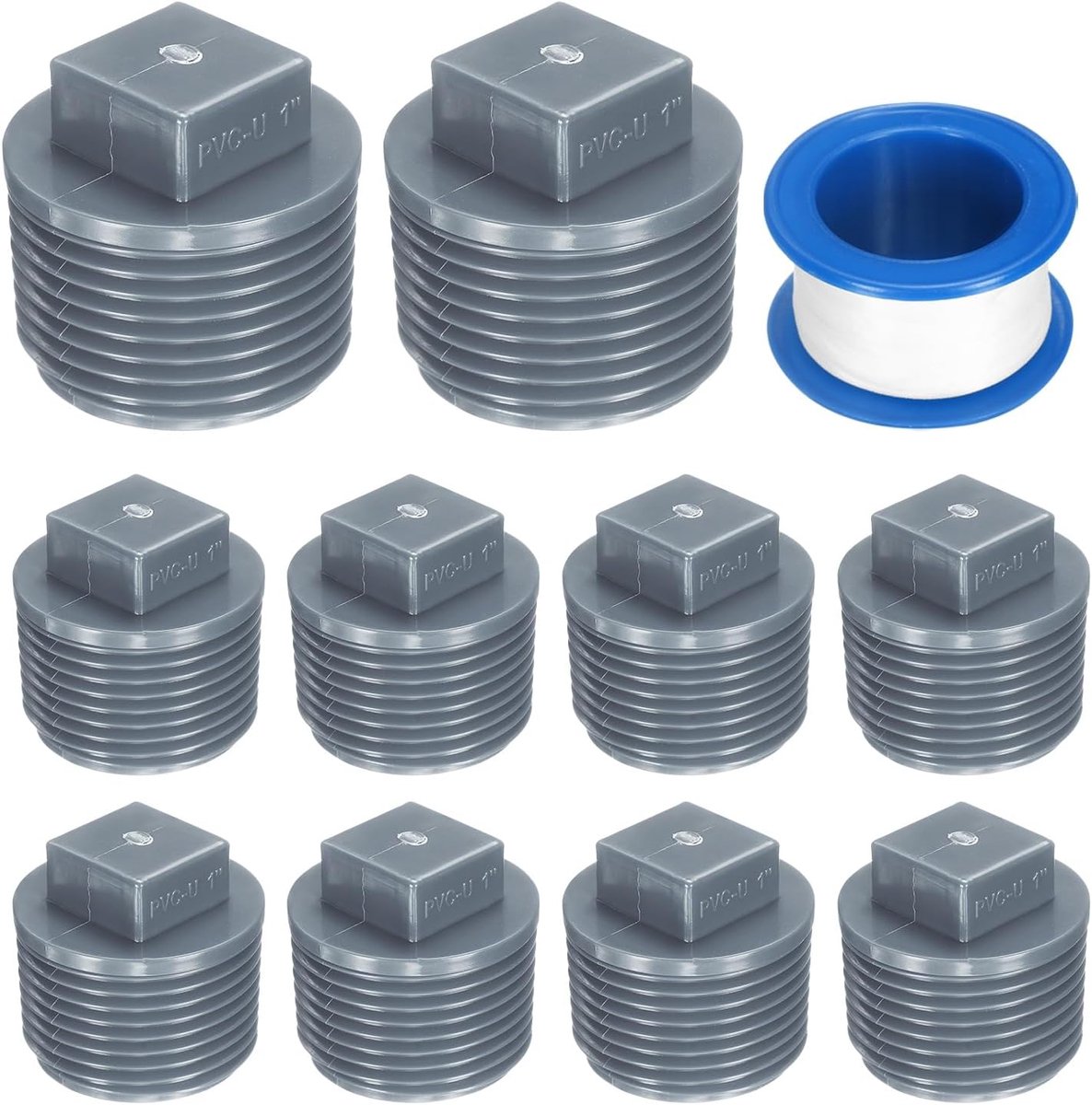 10 stuks blindstops waterleiding, 1 inch PT afsluitdop met afdichtingstape, pvc-schroefverbinding 32 x 18/33 mm (h x b), slangkappen schroefdraadkap voor tuinwaterleiding, grijs