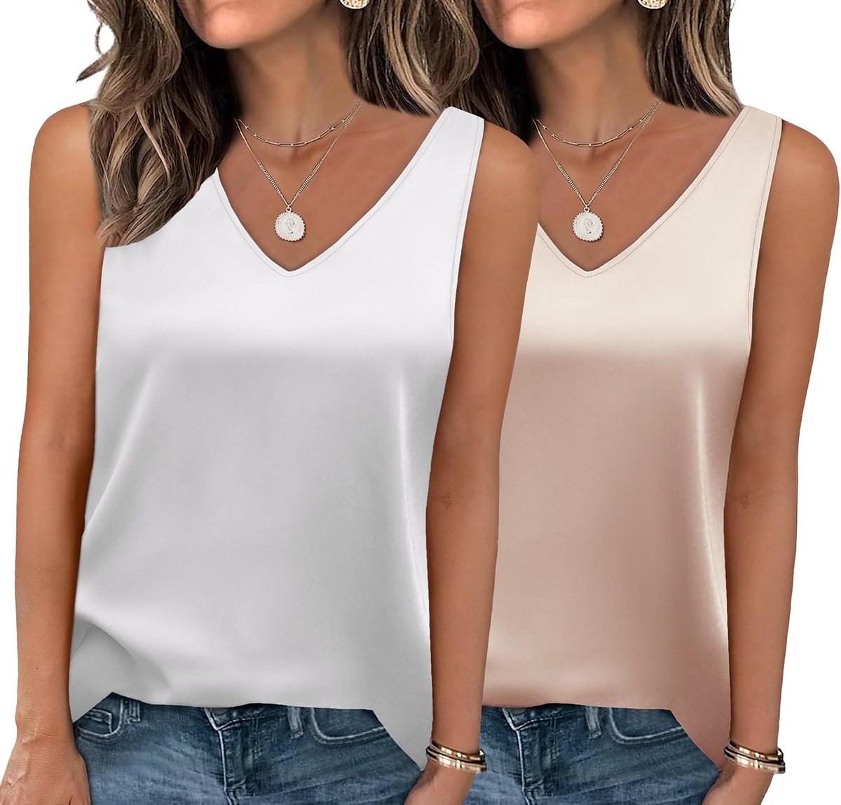 Satijnen top voor dames, 2 stuks, elegante zijden top, basic V-hals, tanktops, zomershirts, satijnen blouse, XS-XXL