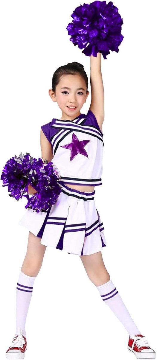 Mardi Gras-kostuum voor meisjes, cheerleadingjurk met pompons en sokken, cheerleadinguniform voor de middelbare school, paars, 130