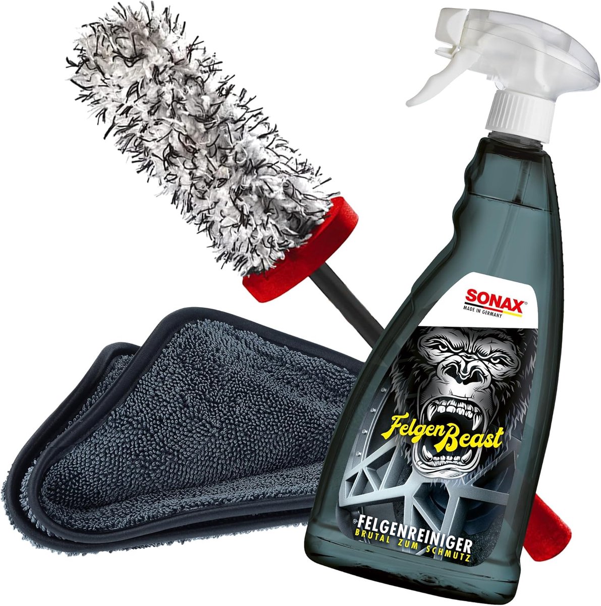 SnelShoppen - Complete Velgenreinigingsset met Microvezel, Lange Borstel + VelgenBeast Rim Cleaner (Zuurvrij) 1 L + Microvezeldoek 40 x 40 cm voor Alu
