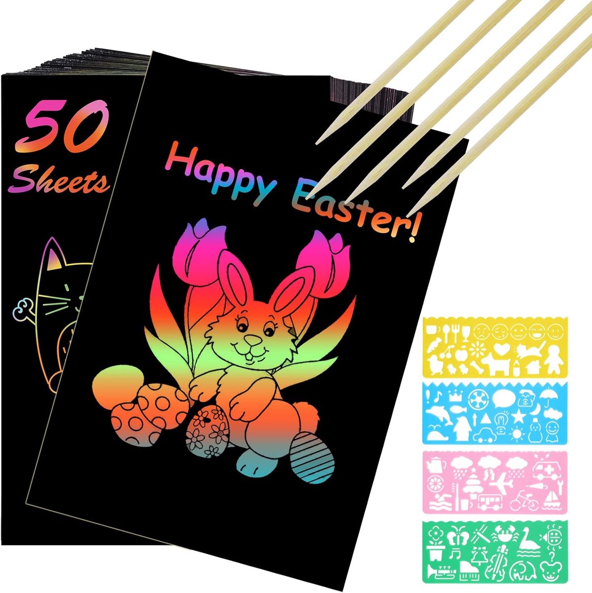 Regenboog Krasafbeeldingen Set, 50 stuks zwarte magische kraspapier | krasafbeeldingen voor kinderen met 5 houten stiften, 4 schildersjablonen,verjaardagscadeaus doe-het-zelf feestcadeau