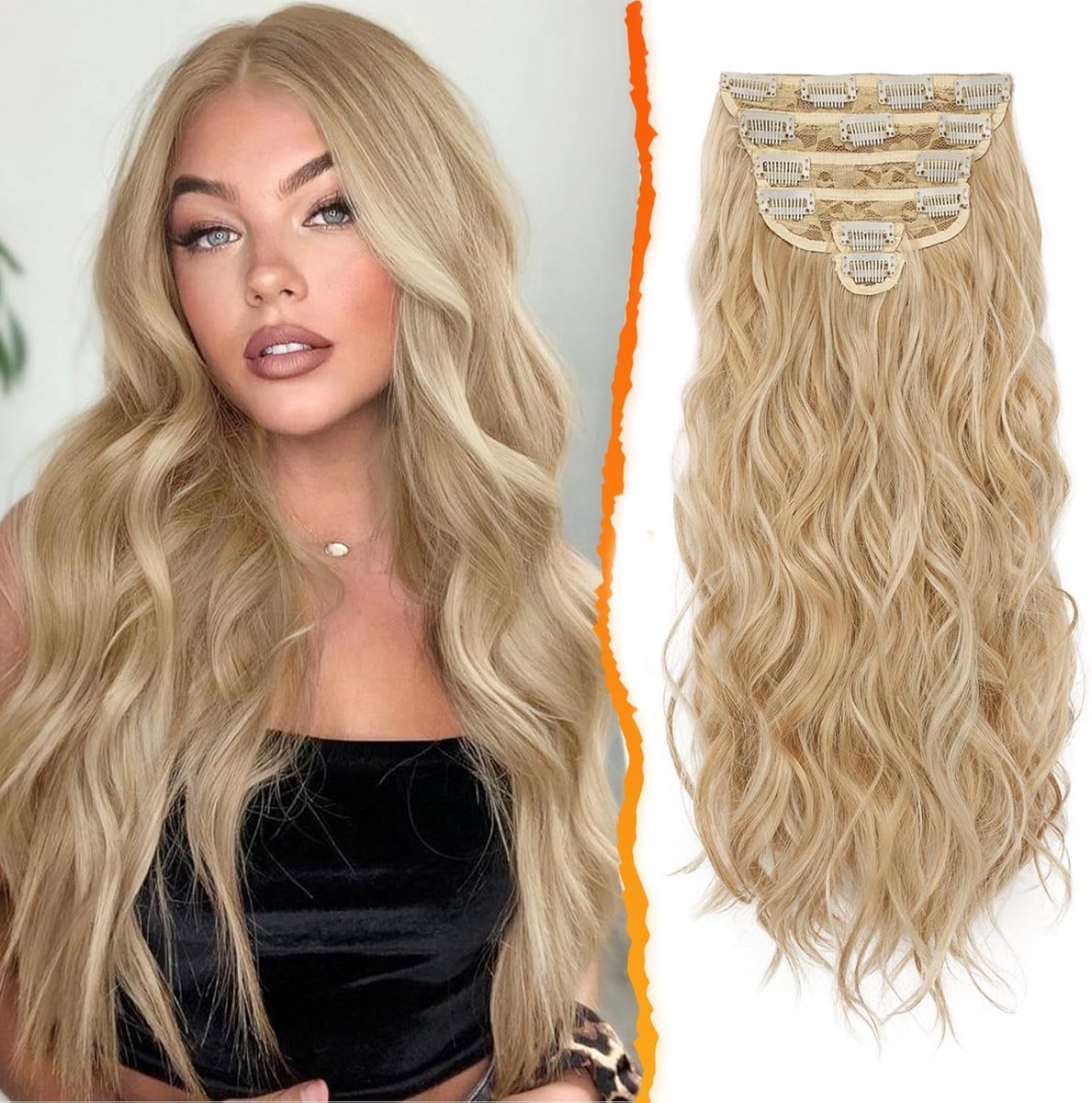 Haarextensies, 50cm Lang Golvende Blond Haar Extensions Clip in 6 PCS Dik Krullend Natuurlijke Synthetische Haarstukken voor vrouwen (Honing Blond Gemengd)