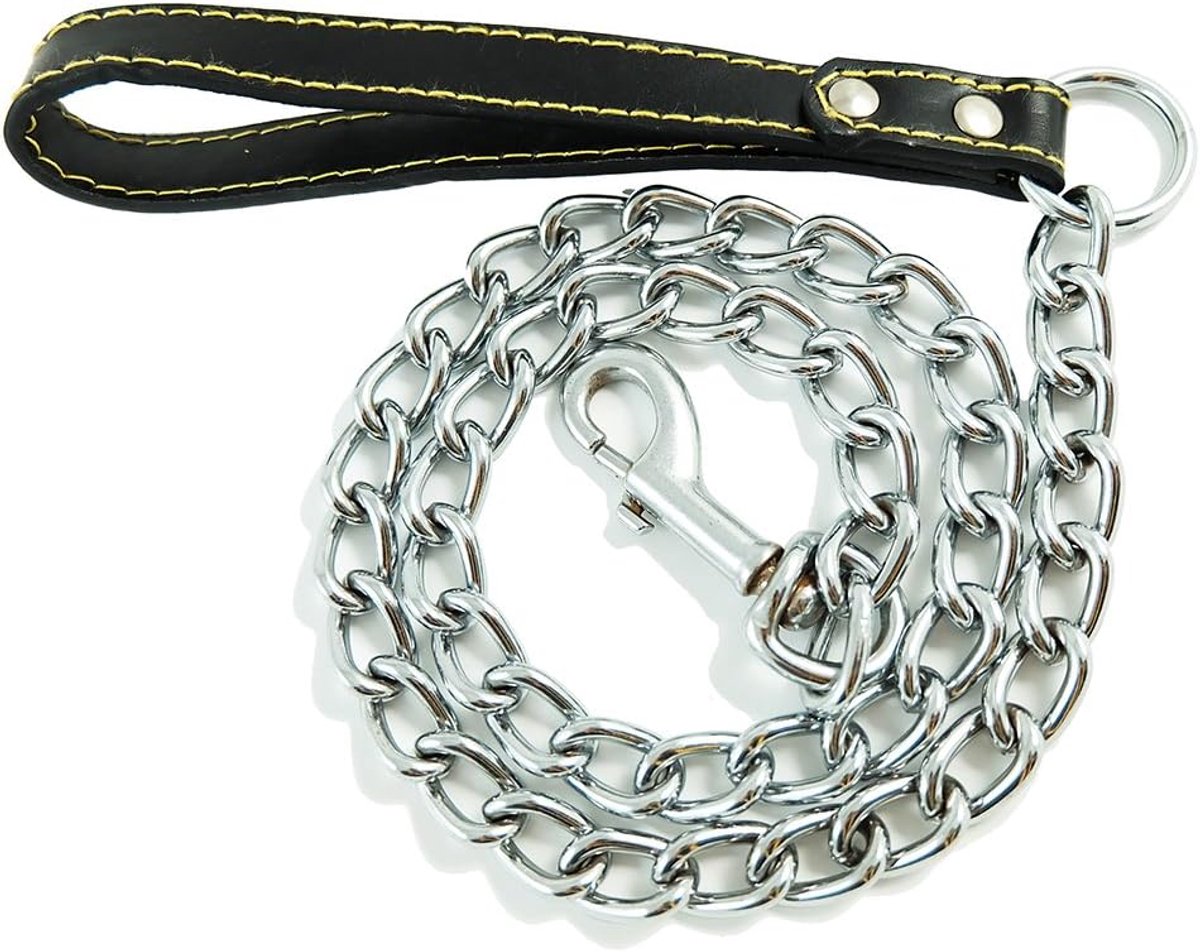 Metalen hondenketting met handvat en polsband, hondenriem met leren manchet en ketting, 4 kleuren, 3 maten om uit te kiezen (2 mm x 100 cm, zwart) BPS-2762NE