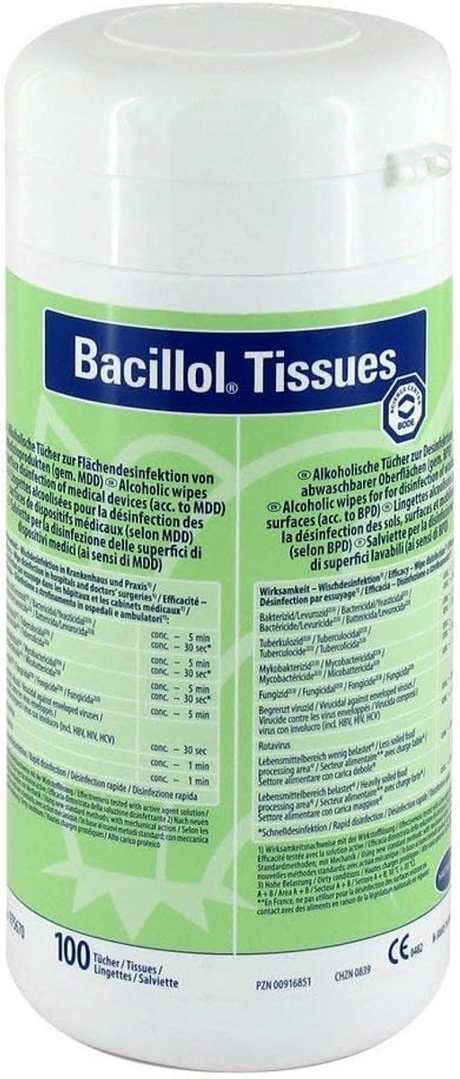 SnelShoppen - Bacillol doekjes 100 stuks - Desinfecterende tissues voor huid, oppervlakken, snel en eenvoudig gebruik in huis, op kantoor, of onderweg