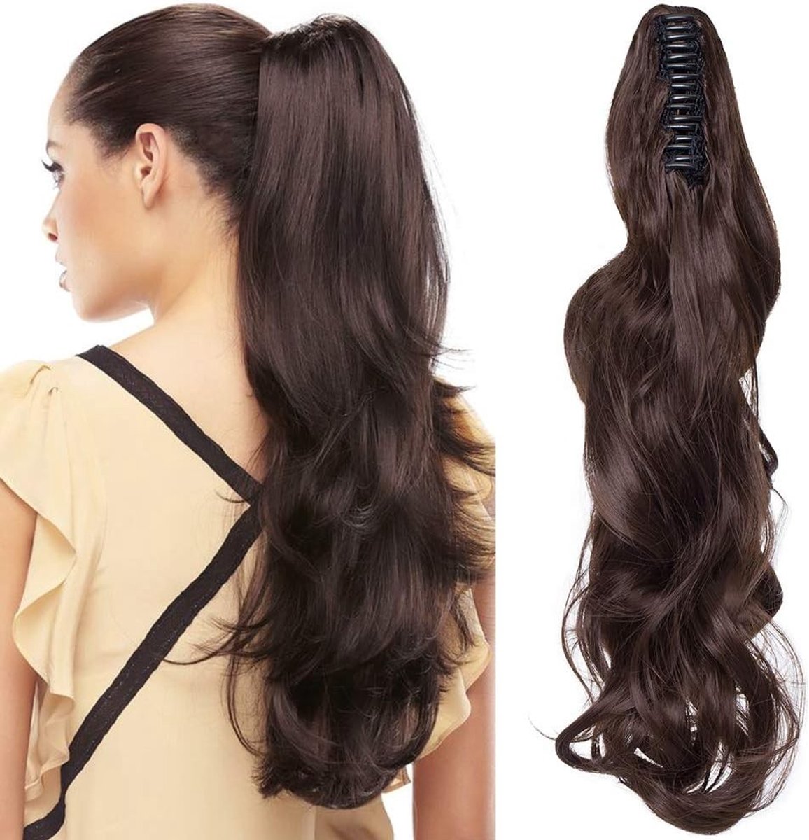 Lange Krullende Ponytail Clip-in Haarextensions voor Vrouwen - Medium Bruin, 45cm, 140g, Perfect voor Volumineus Haar