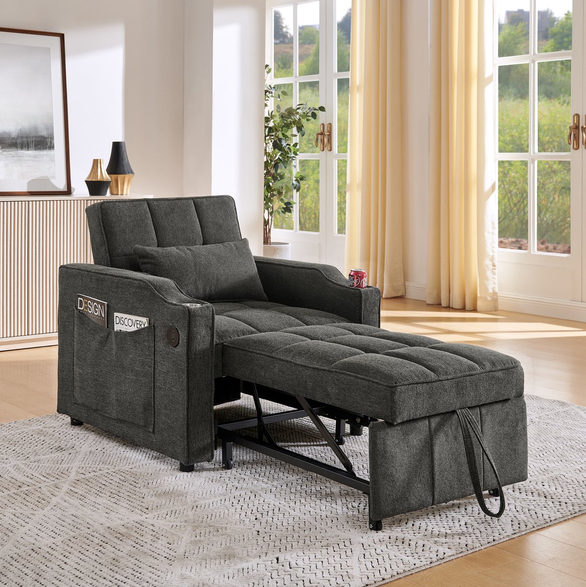 MODENUIT Fauteuil 85 x 88 x 86 cm - 3-in-1 Met Verstelbare Rugleuning En Bedfunctie - Woonkamer - Stof Donkergrijs