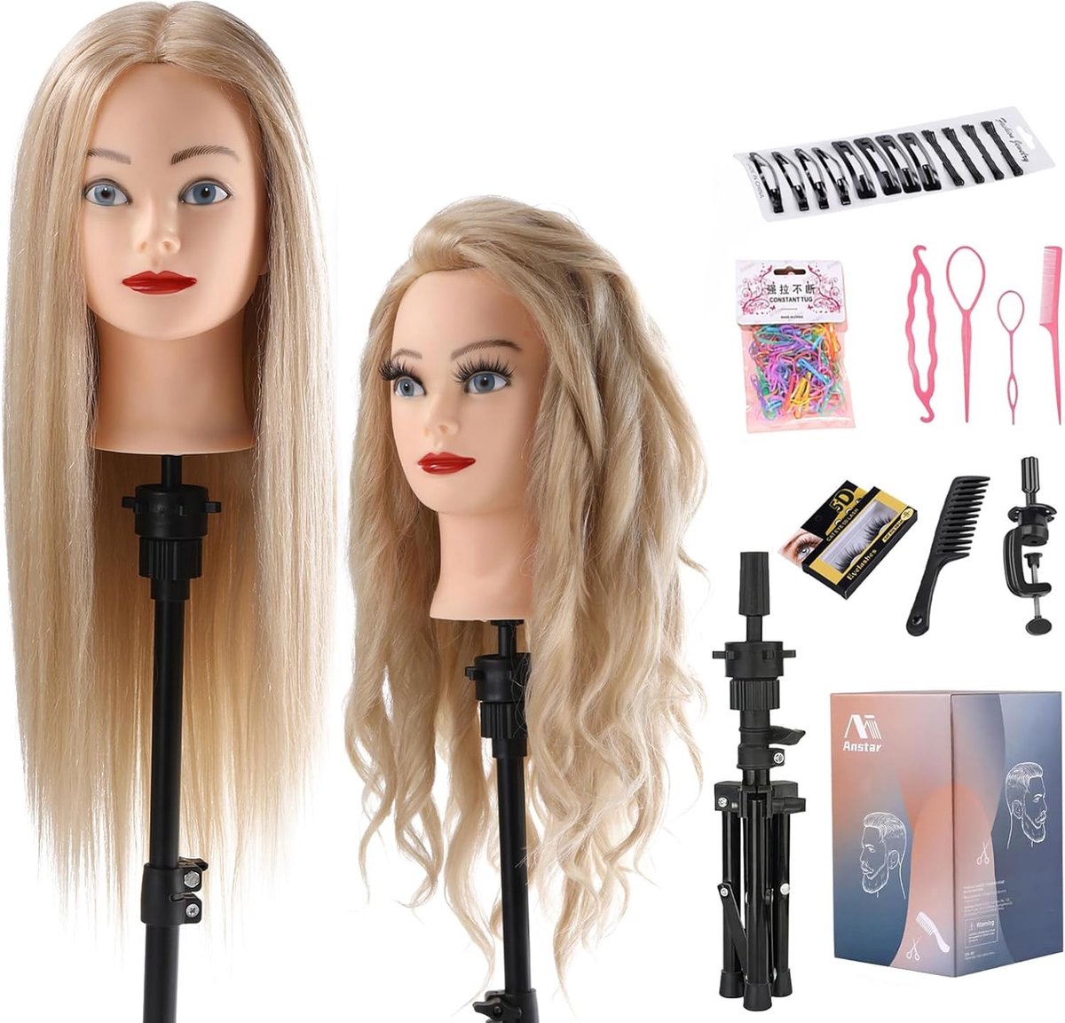 Oefenhoofd voor Kappers met 70% Echte Haar, Inclusief Tafelklem en DIY Haar Vlecht Set (Blond) voor Training en Styling