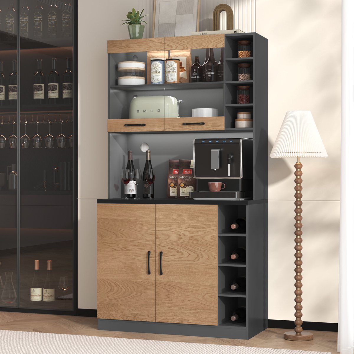 COVREO Keukenkast 100x47x187 cm grijs, MDF met LED en verstelbare vakken