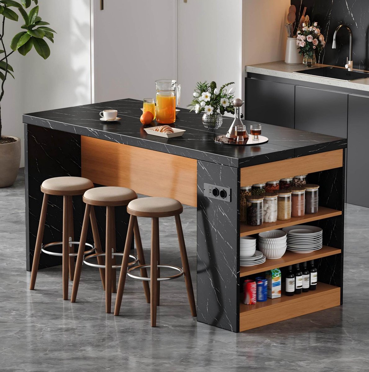 COVREO Keukeneiland 155x80x90 cm zwart en naturel, MDF met 3 open vakken