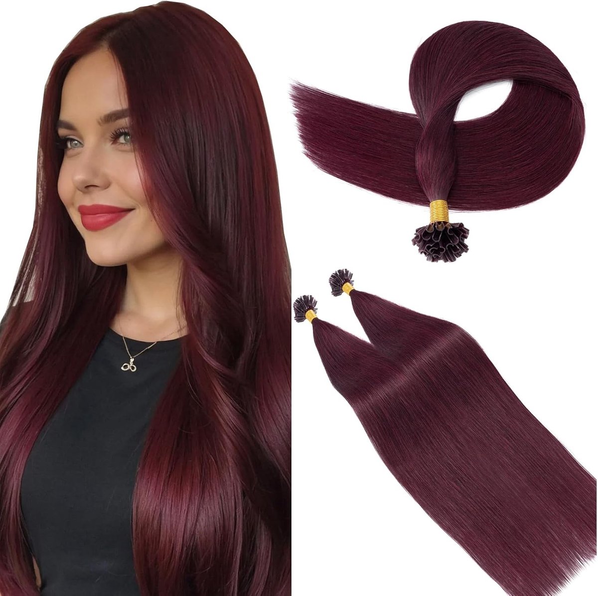 Natuurlijke Keratine Haarextensions, U-tip Bondings van Echte Mensenhaar, 55CM Claret #99J, 25g/Pack, Luxe Haarverlenging en Volume