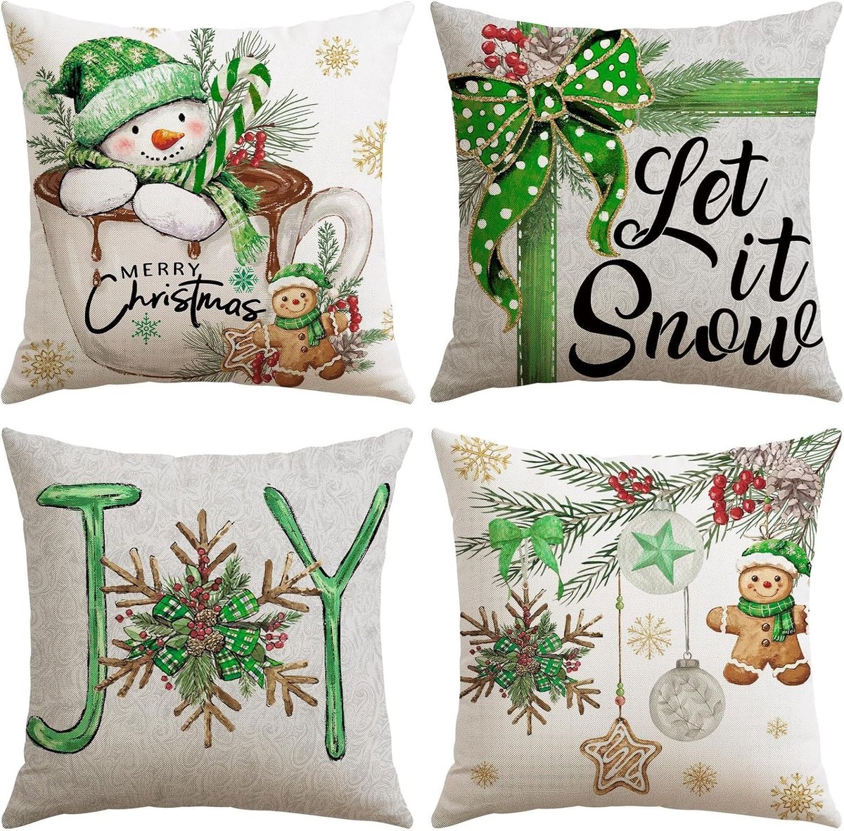 Set van 4 Groene Kerst Kussenhoezen 45x45cm voor Woonkamer Decoratie met Sneeuwman en Peperkoekman