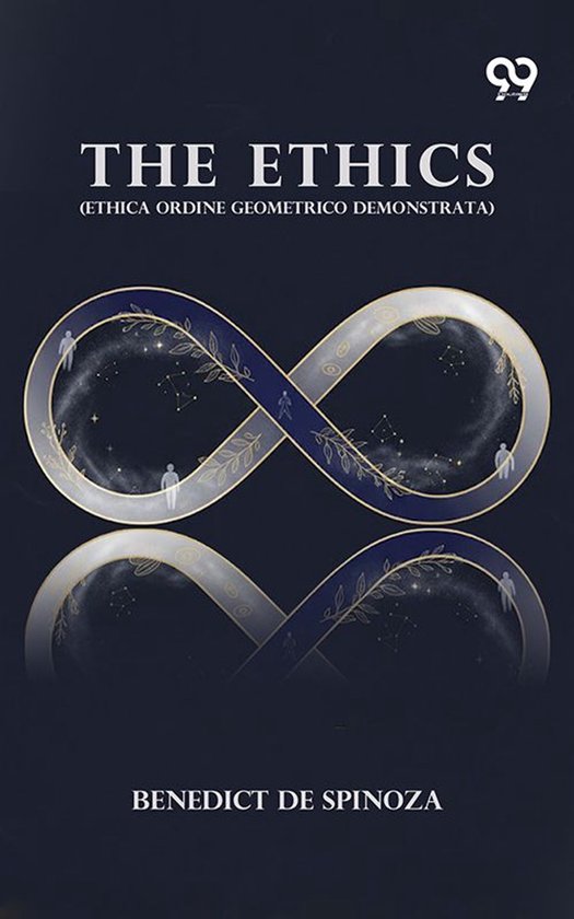 Livre 'The Ethics' de Benedict De Spinoza avec un symbole infini, des constellations et des silhouettes.