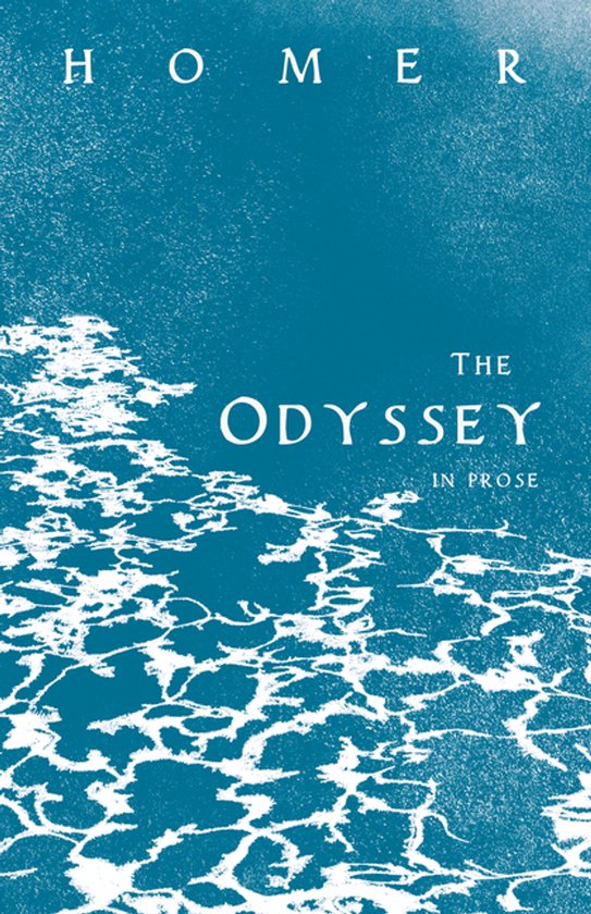 Livre "The Odyssey in Prose" de Homère, avec un fond turquoise et des vagues blanches sur la couverture.
